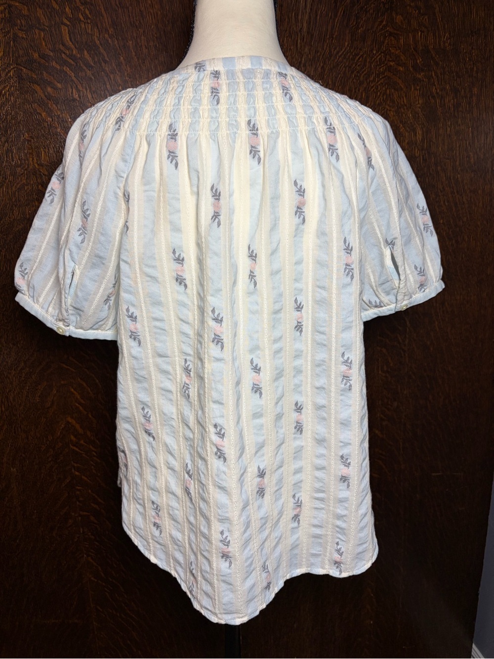 Loft Light Blue Striped Puff-Sleeve Women's Button 100% Cotton Top - Picture 5 of 8